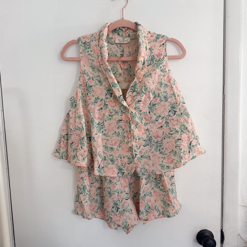 Victoria's Secret Pink and Green Floral Satin Pajama Set